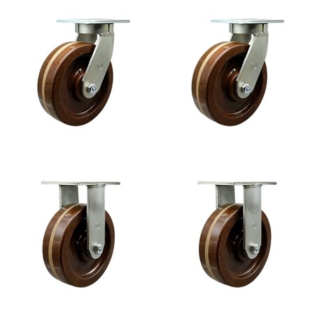 Service Caster 8'' Heavy Duty High Temp Phenolic Swivel Caster Set 2 Swivel Locks 2 Rigid, 4PK CRAN-SCC-KP92S830-PHRHT-BSL-2-R-2